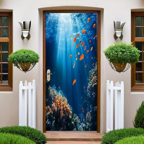 Türtapete Selbstklebend 77x200 cm Unterwasser-Korallenriff und Fische Türaufkleber Türfolie Türposter Vinyl Aufkleber, für Schlafzimmer Badezimmer Küche Büro Abnehmbare Türdekoration