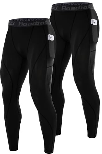 Roadbox 2 Pack Men's Compression Pants, Quick Dry Running Tights Leggings with Pockets, Athletic Base Layer for Workout Gym