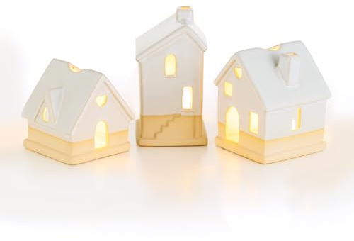 Staymoment Lichthäuser Weihnachten Lichthaus Weihnachtsdeko: 3er Set Lichthaus Keramik Teelichthaus Boho Landhausstil Deko Porzellan Lichterhaus für Teelicht Windlicht Weihnachten Geschenk Einzug