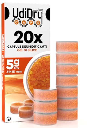20 Capsule Deumidificanti per Apparecchi Acustici UdiDry Caps 5g 31mm con Gel di Silice Anti Umidità di Alta Qualità - Capsule Essiccanti con Indicatore di Colore per Asciugatura Protesi Acustiche