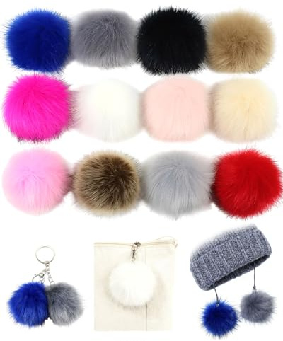 HUVZOR 12Pcs pompones de piel sintética, pompones de piel de sintética de 8 cm, pompones suaves y peludos para manualidades, llaveros, sombreros, bolsas, accesorios de