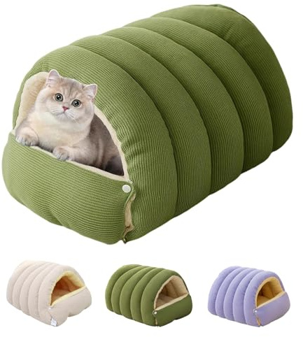 Warme Winterhöhle, Katzen Haus, Gemütliches Monster-Katzenbett, Weicher Plüsch-Haustierhöhle, Geschlossener Haustierschlafsack, Katzenbett Aus Cord-Tunnelzelt, Abnehmbar, Waschbar (Green)