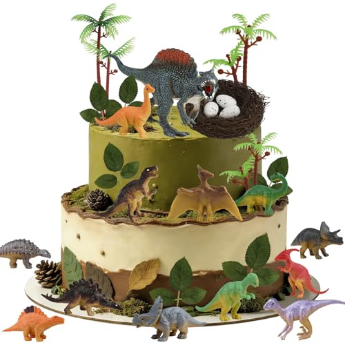 26Pcs Dinosaur Cake Toppers,Dino Eggs Leaves Coconut Trees Realist Cake Decorations,Birthday Jungle Theme Wild Animals Party Dinosaur Cakes Decoration
