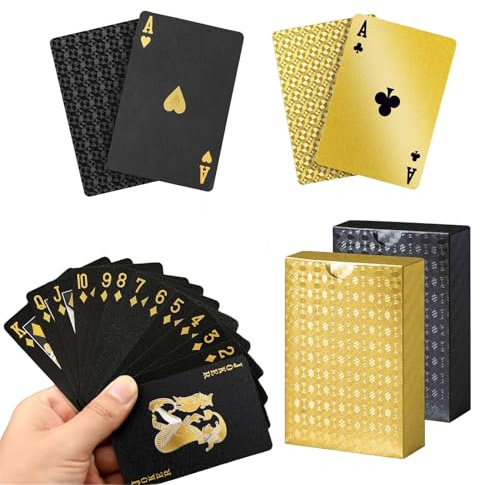 Sekfpnk 2 carte da gioco impermeabili, 54 carte per set, cartes da gioco premium per giocatori di carte, amici e familiari per giochi e intrattenimento (oro e nero)