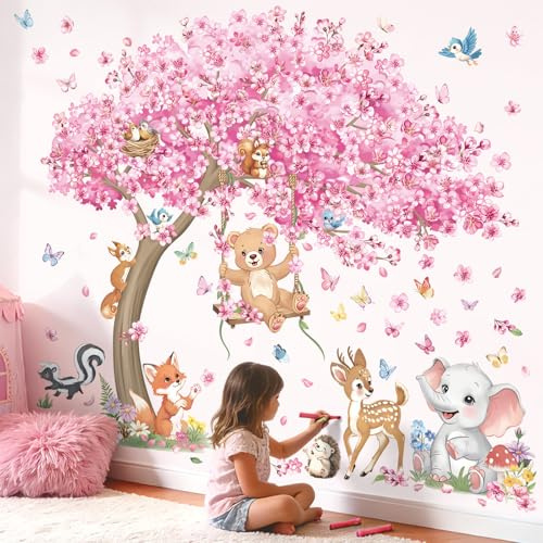 decalmile Stor körsbärsblomsträd väggklistermärken skogsdjur björn hjort rosa blomma väggdekaler baby barnkammare barn sovrum vardagsrum heminredning
