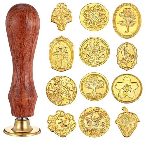 HUZNA 12 Stück Klassischer Siegelstempel Set mit Holzgriff, Wachssiegel Stempel Set, Wachsstempel Köpfe,personalisiert siegelwachs set für Geschenk Einladungen Umschläge Briefe