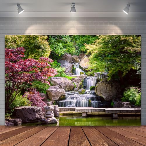 FUWOOD Japanese Garden Waterfall Photography Backdrop, Zen Nature Rock Stream Maple Trees Background for Portrait Studio, Yoga Meditation, Home Decor, Video Recording, Product Photography (7x5ft)