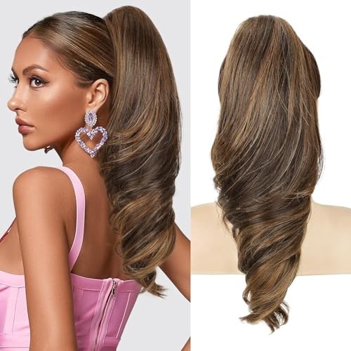 Hästsvans med klämma, lång vågig lockig fläta, hästsvans, hårförlängning, syntetisk hårförlängning, claw clip i hårdel, ponytail för kvinnor (chokladbrun med höjdpunkter, 45 cm)