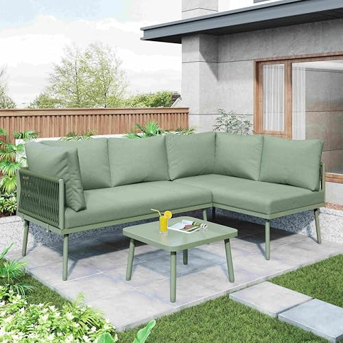 Lahoomu Garten-Lounge-Set aus Eisen, L-förmiges Gartenmöbel-Set, Lounge-Set aus mit Sitzkissen, verstellbaren Füßen, 2 Sofas und 1 Tisch, Grün