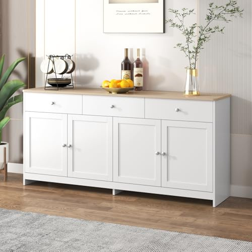 BPKADHY Küchenschrank Sideboard mit Arbeitsplatte, 160 cm Breit Buffetschrank Anrichte mit 4 Türen 3 Schubladen & Verstellbaren Regalen, Küchenbuffet für Wohnzimmer Esszimmer, 160x37x75 cm Weiß