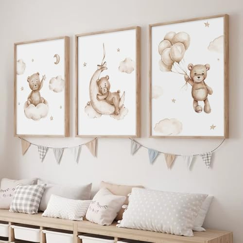 3 Poster Bär, Babyzimmer, 21 x 30 cm, Wandposter für Kinder, Jungen, Teddybär, Wolke, Ballon, Bild, Babyzimmer, Beige, Leinwand, Wanddekoration, Mädchen, Geschenk, ohne Rahmen (BOGC025-21 x 30)