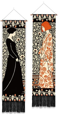PLIGREAT Confezione da 2 arazzi bohémien, semplici da appendere alla parete, con nappe, verticali, vintage, per camera da letto, soggiorno, decorazione artistica per la casa, regalo, 130 x 33 cm