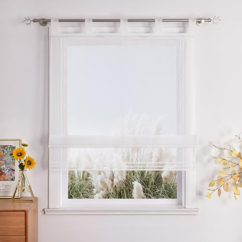 Estor plegable de voile con trabillas, diseño plisado, color beis, 60 x 155 cm (ancho x alto)