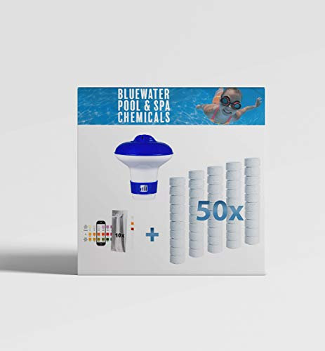 Bluewater Bromine 50 x 20g Tablets with Premium Adjustable Floating Dispenser and FREE 10 Water Test Strips - Essential Sanitiser for Crystal Clear Pool and Spa Water