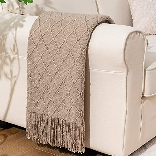 BATTILO HOME Khaki Throw Blanket for Couch, Boho Bed Tan Throws, Spring Decorative Taupe Throw for Sofa Foot of Bed, 50x60