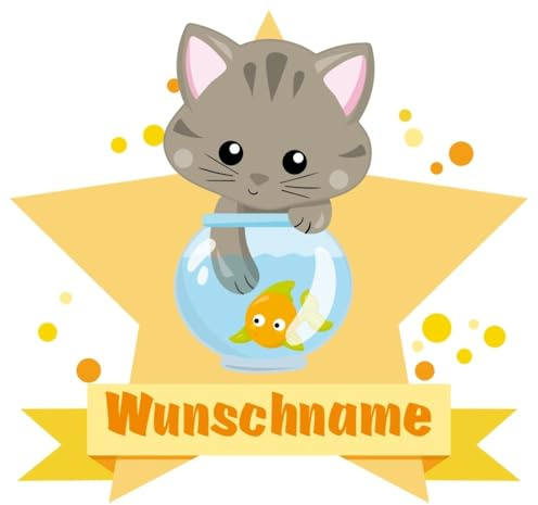Samunshi® Katze & Fisch Wandtattoo Türschild mit Name personalisierbar Kinderzimmer Türaufkleber Baby Wandaufkleber - 40x35cm mehrfarbig