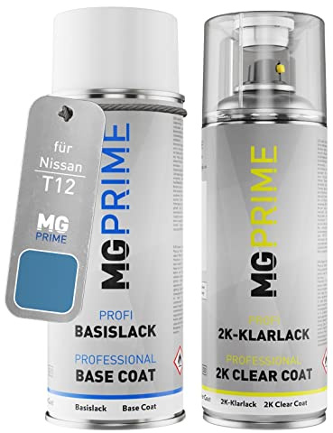 MG PRIME Autolack 2K Spraydosen Set für Nissan T12 Cornflower Blue Metallic/Kornblumenblau Metallic Basislack 2 Komponenten Klarlack Sprühdose