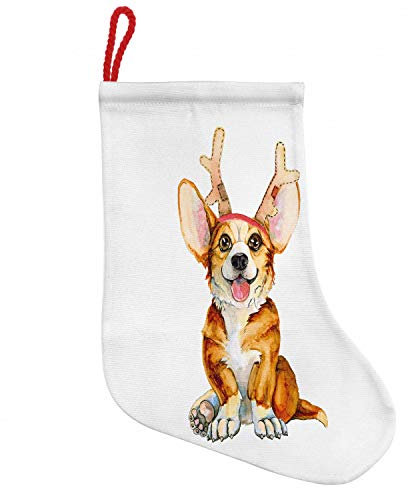 ABAKUHAUS Hündchen Hängende Nikolausstiefel Weihnachtssocken, Corgi-Hund mit Hirschgeweih, Weihnachtsstrumpf zum Aufhängen, 25x35cm, Mehrfarbig