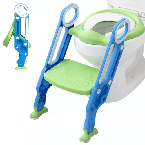 Toilettensitz Kinder mit Treppe, Toilettenaufsatz für Kinder mit Treppe Toilettentrainer Aufsatz Toilette Kinder mit Leiter Töpfchen Höhenverstellbar Toilettenaufsatz mit Pu Kissen und Griffen Blau