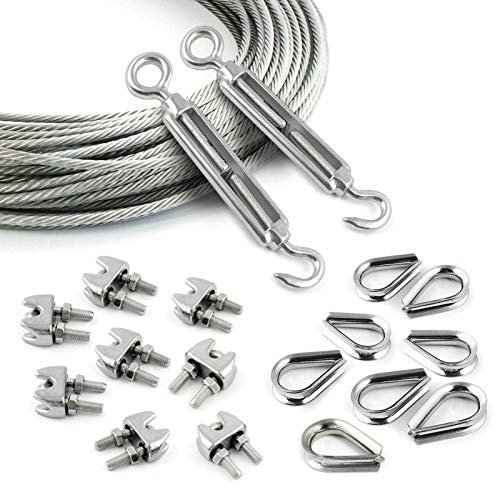 DQ-PP STAHLSEIL SET | 5mm | 200m | 8 xklemmen 5mm | 2 x Spannschloss M5 Haken – Öse | 8 x Kauschen 5mm | Edelstahl INOX | 7x7 mittelweich | Drahtseil für Rankhilfe Rostfrei Stahl Draht Forstseil