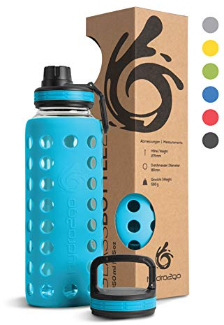 hydro2go Glas Trinkflasche mit Silikonhülle – 100% Auslaufsicher, BPA-frei, Spülmaschinenfest, 2 Auswechselbare Deckel – Ideal für Büro, Fitness, Yoga, Sport & Outdoor (Coral Blue 2.0) – 950 ml