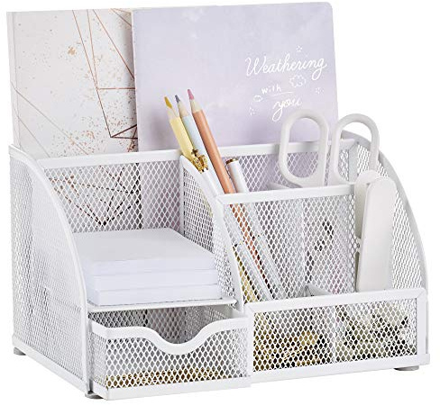 Annova Mesh Desk Organizer Office with 7 Compartments + Drawer/Desk Tidy Candy/Pen Holder/Multifunctional Organizer (White)