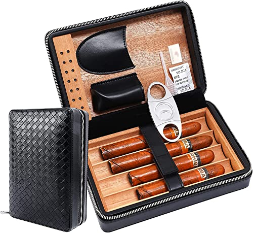 Time C Club 4-Finger tragbare Brown Weave Textur Reise Leder Zigarrenetui, Zigarrenschneider, Zigarren Humidor mit und Luftbefeuchter, Groomsmen Geschenk, Geburtstagsgeschenk