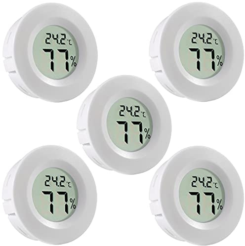 5Pcs Mini Round Hygrometer Thermometer Digital LCD Monitor Meter Gauge Indoor Outdoor Humidity Temperature Gauge for Humidifiers Dehumidifiers Greenhouse Basement Babyroom Fahrenheit or Celsius White