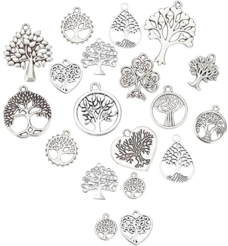SUNNYCLUE 1 Box 56 Stück 14 Stile Baum Des Lebens Charms Edelstahl Anhänger Tibetisches Metall Flache Runde Hohle Charms Baumförmiger Anhänger Zum Basteln von Armbändern Halsketten Schmuckzubehör