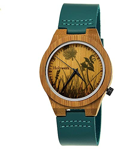 Holzwerk Germany Handgefertigte Designer Damen- und Herren-Uhr - Öko Natur Holz Leder Armband Save The Trees Analog Quarz Braun Blau Türkis Blumen Blümchen Natur Motiv