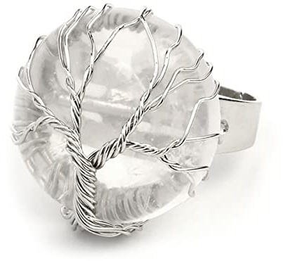 24 JOYAS Anello in pietra naturale lucidato regolabile avvolto in filo argentato a forma di albero della vita - Bella fede di cristallo naturale romantica ed elegante per donna, Metallo, Cristallo