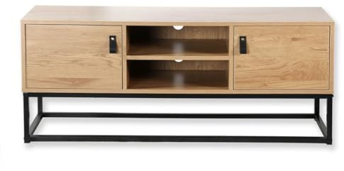Calicosy - Meuble TV 2 Portes 2 Niches - Décor Chêne Veiné - Panneaux De Particules - Structure en Métal - 4 Espaces De Rangement - Salon Ou Chambre - Style Industriel - L 120 x P 39 x H 48 cm