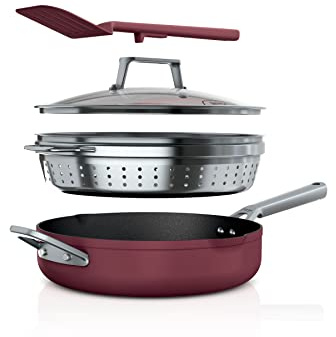 Ninja CW102RD Foodi NeverStick PossiblePan, ensemble de qualité supérieure avec poêle d'une capacité de 4 litres, panier vapeur/passoire, couvercle en verre et spatule intégrée, antiadhésif, durable
