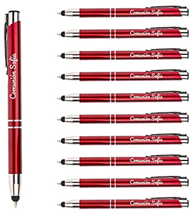 Packs 30 bolígrafos PERSONALIZADOS con texto o nombre | Color rojo y puntero para dispositivos móviles | Grabado a láser | Lote bolígrafos publicitarios y merchandising, eventos: comuniones, bodas.