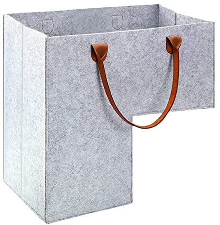 Keyohome Foldable L-shape Stair Basket Organiser, Large Stair Storage Organizer, Large Stair Tidy Basket Storage, Felt Stair Storage Bag with Faux Leather Handles for Laundry Toys Household (Grey)