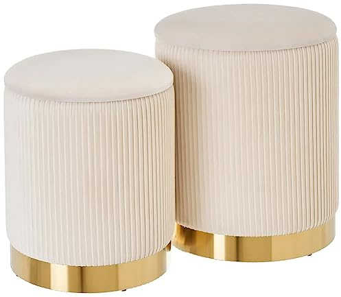 Shally Dogan Set 2 Pouf Contenitori in Velluto, Design Moderno con Fascia in Metallo, Poggiapiedi Rotondo Capiente, Sgabello Tondo con Coperchio Rimovibile e Seduta Imbottita Alta Densità (Crema)