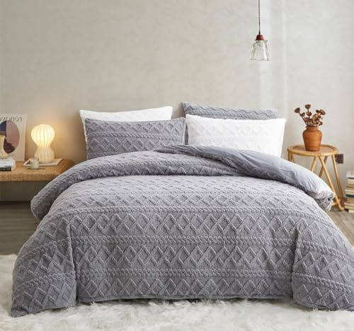 Sedefen Flauschig Bettwäsche 135x200 cm 4 Teilig Grau Biber Flanell Fleece Geometrischmuster Cashmere Touch Winterbettwäsche,2 Warme Bettbezug und 2 Kissenbezug 80x80cm mit Reißverschluss