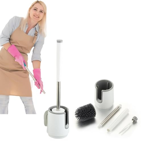 Syfunlv Toilet Brush, Silicone Toilette Brosses Holder Set, Brosse Toilettes à Manche Long, Séchage Rapide sans Odeur, Balayette WC Montage Mural/au Sol, Salle de Bain et WC, Blanc (Style 2)