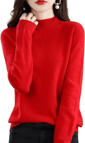Kashmirtröjor för kvinnor, 100% kashmir långärmad rund hals mjuk varm pullover stickade tröjor, Röd, L