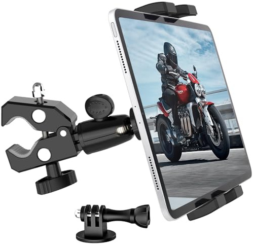 Dosvsi Fahrrad Tablet Halter, Metall Lenker Tablet Halterung für Laufband/Heimtrainer/Spin Bike, 360° Drehbar Motorrad Clip für iPad Pro 12.9 Air Mini, Tab,4~13 Tablets,mit 1/4 Schraube für Kamera