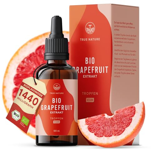 Bio Grapefruitkernextrakt Tropfen - Hochdosiert 1440mg Bioflavonoide auf 100 ml - Bio Grapefruit Extrakt aus Kernen & Schalen - Vegan & ohne Zusätze - TRUE NATURE