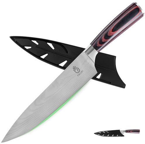 FULLHI Coltelli da cuoco, coltello giapponese da 20 cm con protezione 2 pezzi, coltello da cucina in acciaio inox tedesco di qualità superiore con fodero (Legno color caffè)