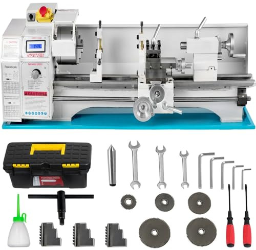 Furvveerr Mini Torno para Metal Pequeños Tornos Metálicos 220mmx750mm Torno de Metal de Mesa Tornos Metálicos 1100W Motores Sin Cepillo LED Fabricación de Velocidad Variable Métrica y Alambre Inglés