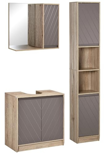 HOMCOM Conjunto de Baño Incluye 1 Mueble para Debajo del Lavabo 1 Armario de Baño con Espejo y 1 Columna de Baño con Estante Ajustable Roble y Gris