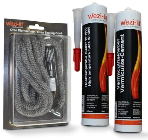 Cordon de poêle Ø 10 mm 2 m + colle + mastic de four W-1000 + colle vermiculite résistante à la chaleur jusqu'à 1000 °C