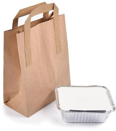 Lot de 100 sacs à provisions en papier kraft réutilisables avec poignée, adaptés pour restaurants, cafés, boulangeries, boutiques de cadeaux (100, taille M)