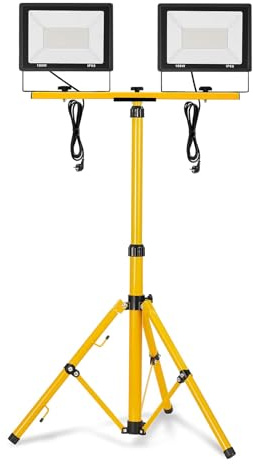XMTECH LED Baustrahler mit Teleskop-Stativ, IP66 LED Fluter mit Stecker, robuster Arbeitsscheinwerfer für Baustelle, Garage und Außenbeleuchtung (2 * 100W Warmweiß + Stativ)