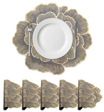 sourcing map Gold Edge Grey Floral Rose Round Placemats Set of 6 for Dinner Tables, Metallic Polyvinyl Pressed Placemats Washable Table Mats for Dinner Table Decor (15 x 15/38 x 38cm)