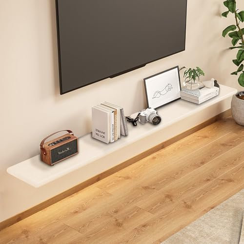 Meuble TV Suspendu Bois Massif - Meuble TV Mural avec Passe-Câbles Etagères Murales pour Console Multimédia, Divertissement, Jeux pour la Maison et Bureau,Blanc,24×140cm(10×55in)