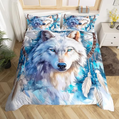 Wolf Kids Duvet Cover King Size,Dream Catcher Exotic Boho Bedding Set for Adults Kids Bedroom Decor,Tie-dye Graffiti Wild Animals Rustic Farmhouse Comforter Cover 2 Pillowcases,No Comforter